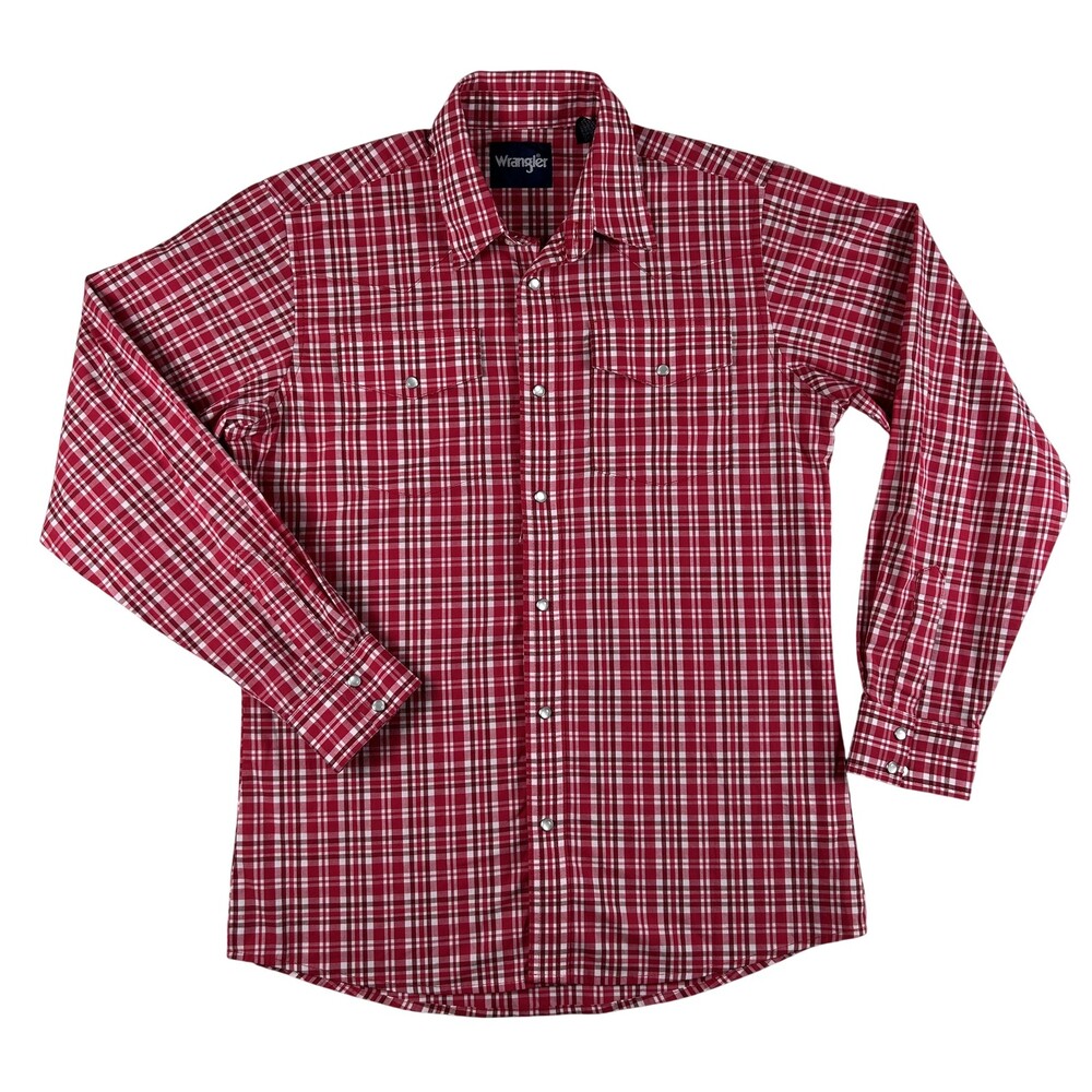 Wrangler Shirt Youth XL Red Plaid Long Sleeve Snap Button Western Stretch Casual